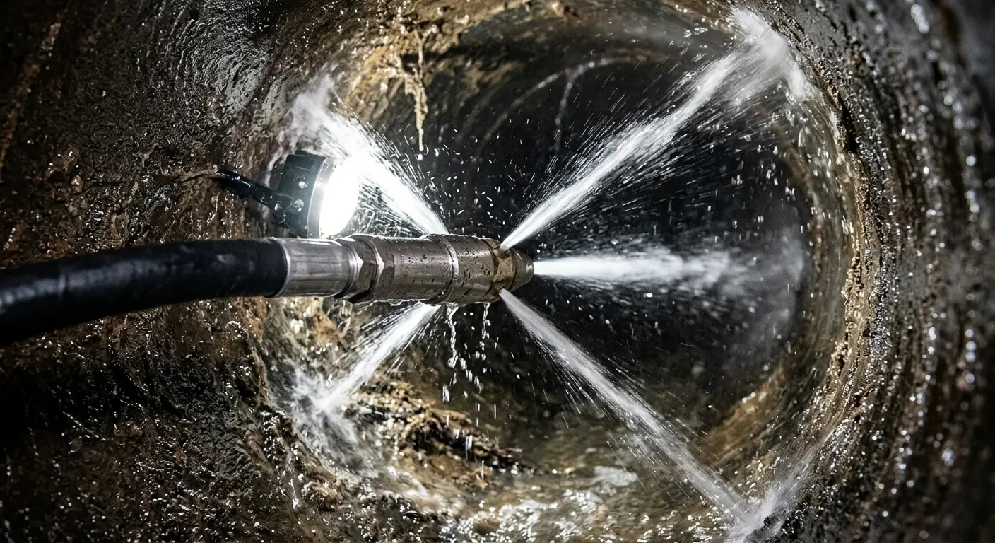 High-pressure hydro jetting nozzle cleaning sewer pipe for Storm Drain Cleaning in Mayville