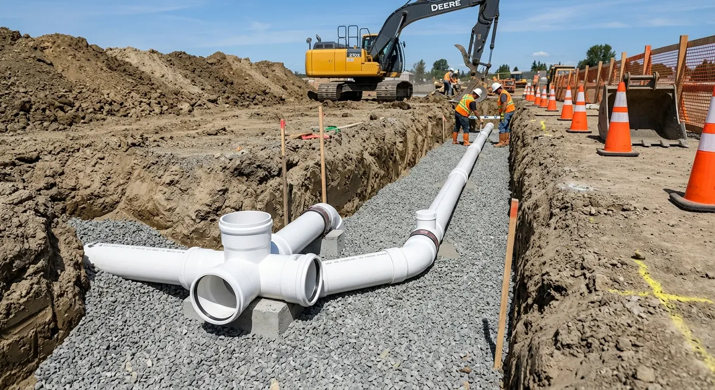 New PVC sewer pipe installation in open trench for Sewer Backup in Mayville
