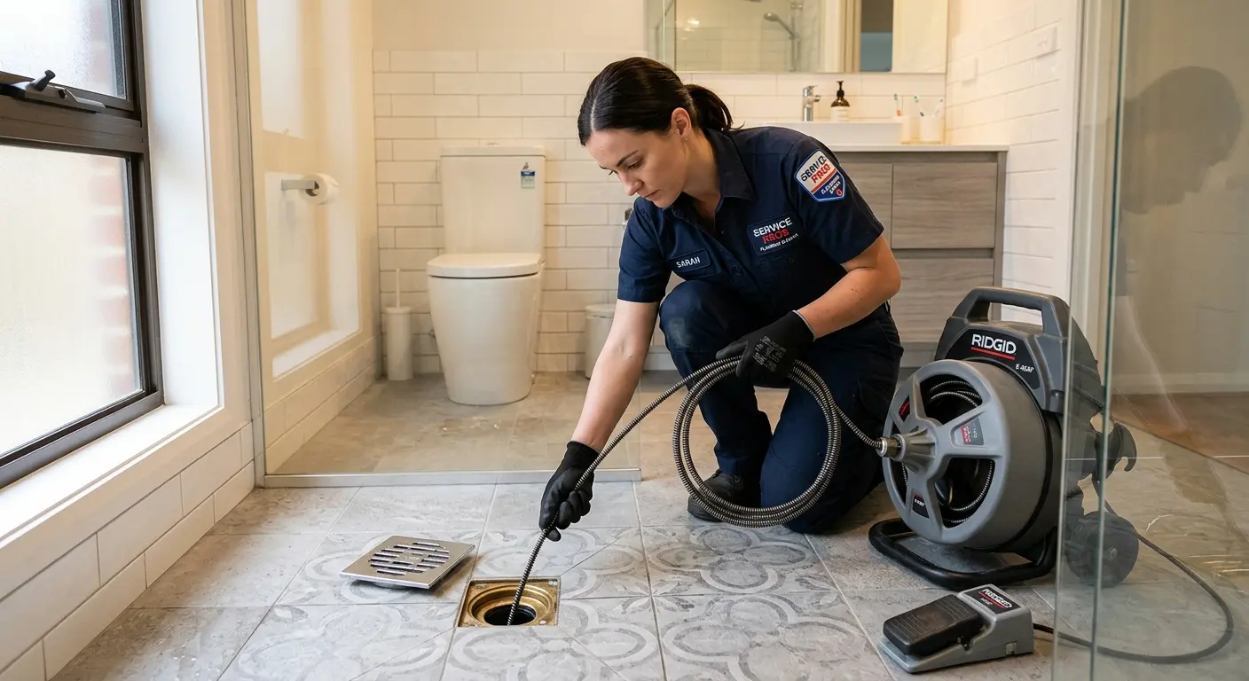 Technician clearing a bathroom floor drain for Sewer Line Replacement in Mayville